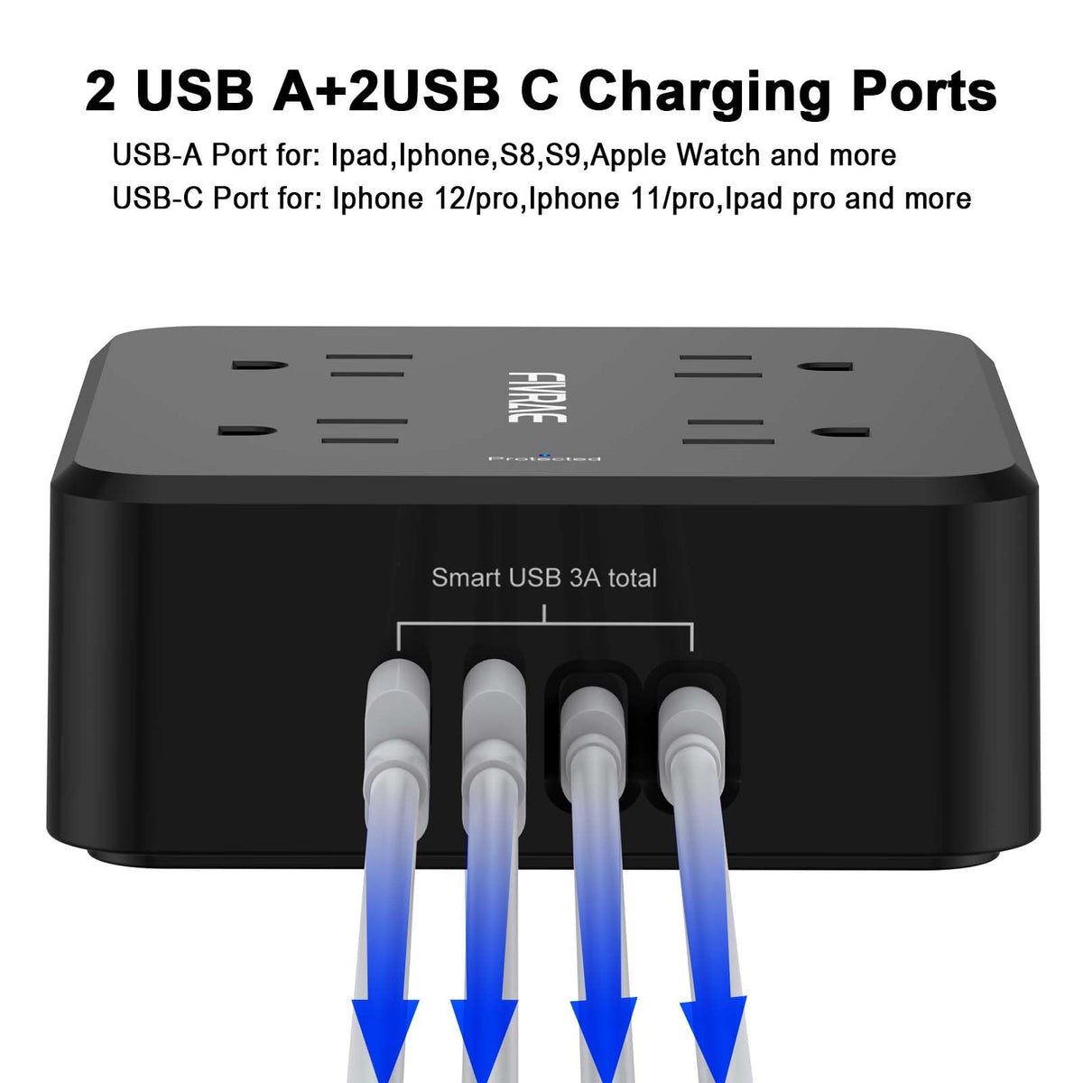 10Ft Extension Cord with Multiple Outlets, 8 Outlets and 4 USB Ports