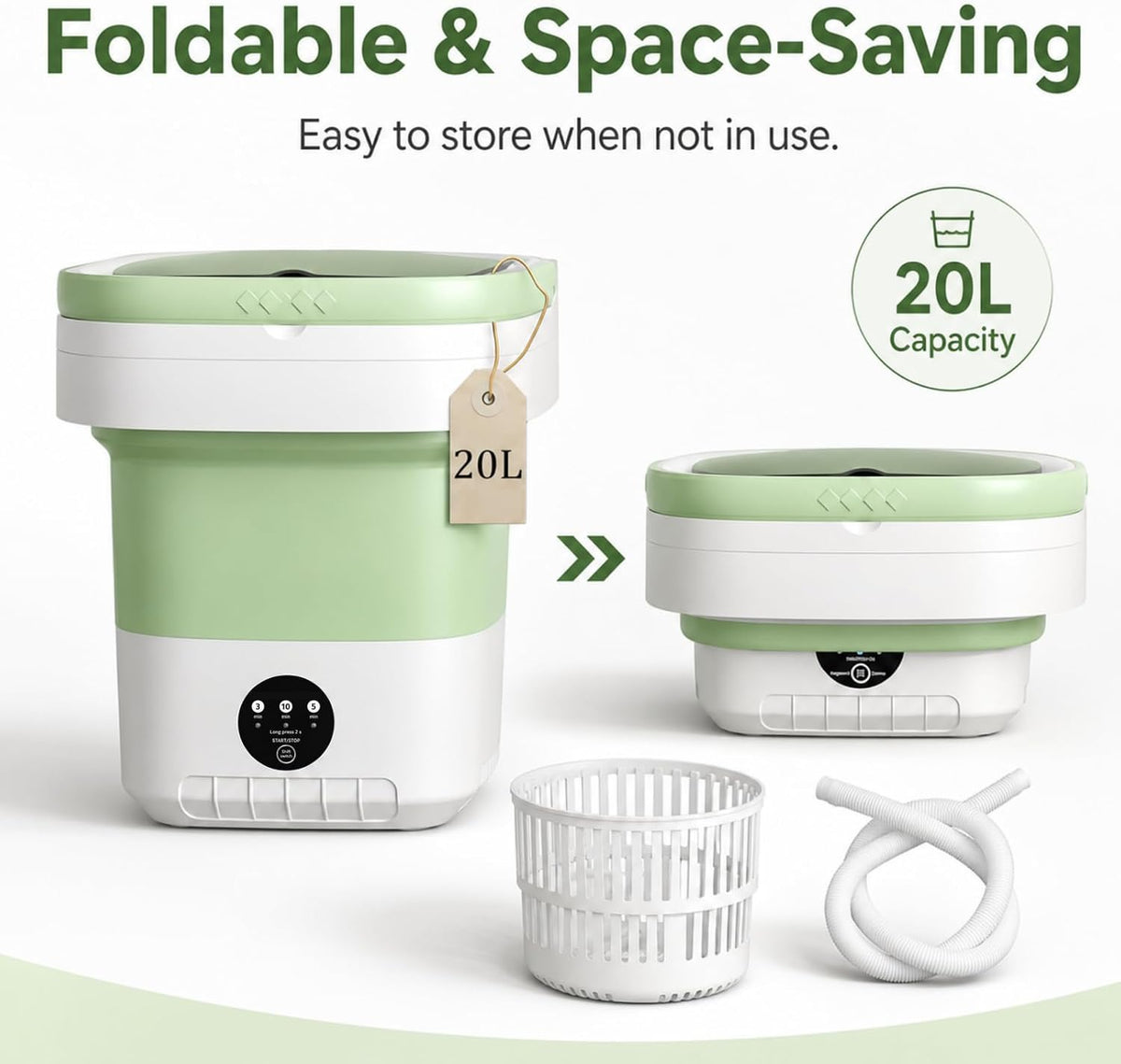 Portable Washing Machine【Upgraded 20L Capacity・3 Modes Deep Cleaning・1-Year Free Replacement】Foldable Mini Washer and Dryer, Small Washing Machine for Travel, Dorms, RVs, Camping (Green)