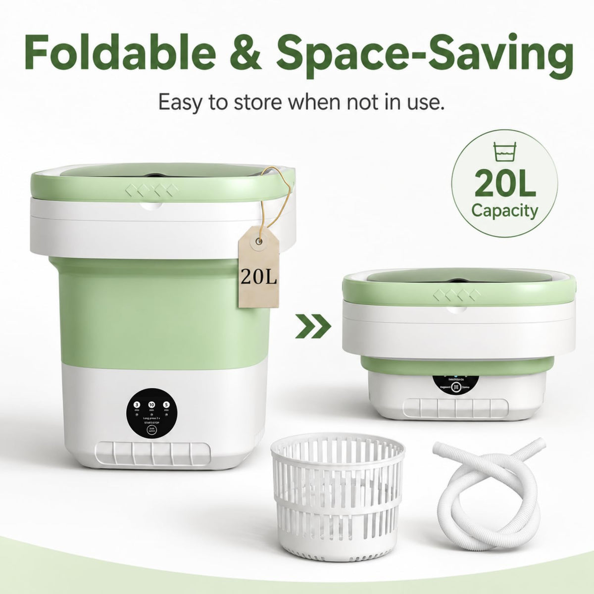 Portable Washing Machine【Upgraded 20L Capacity・3 Modes Deep Cleaning・1-Year Free Replacement】Foldable Mini Washer and Dryer, Small Washing Machine for Travel, Dorms, RVs, Camping (Green)