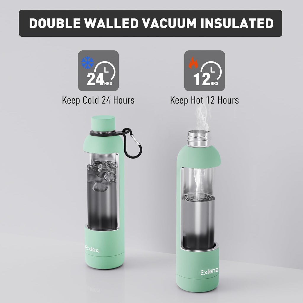Exllena Insulated Black Water Bottles 750ml with Clip, Double Wall Vacuum Drinks Bottle Keeps Drinks Cold 24 Hrs/Hot 12 Hrs, Stainless Steel Water Bottle BPA Free