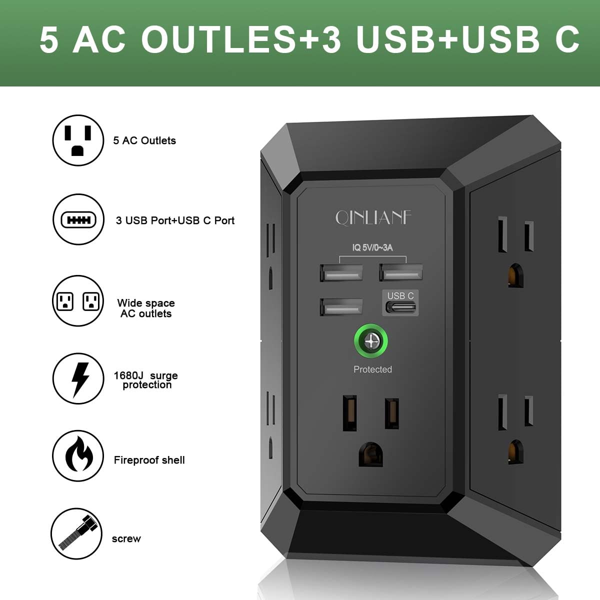 Surge Protector, QINLIANF 5 Outlet Extender with 4 USB Ports(2USB-C)