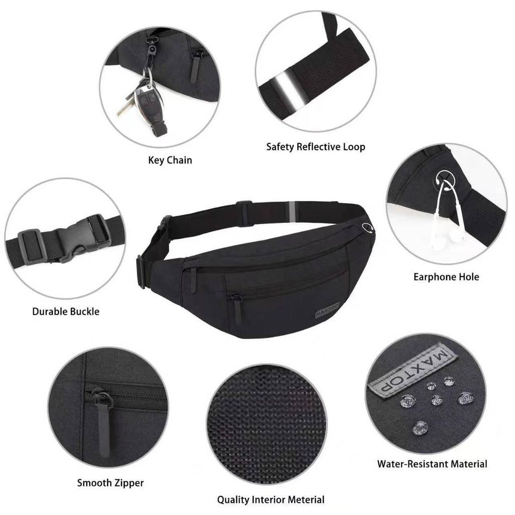 MAXTOP Large Bumbag Waist Fanny Pack Running Belt for Men Women Unisex Bum Bag with Headphone Jack and 4-Zipper Pockets Adjustable Belt for Travel Running Jogging Workout Hiking Gifts All Black