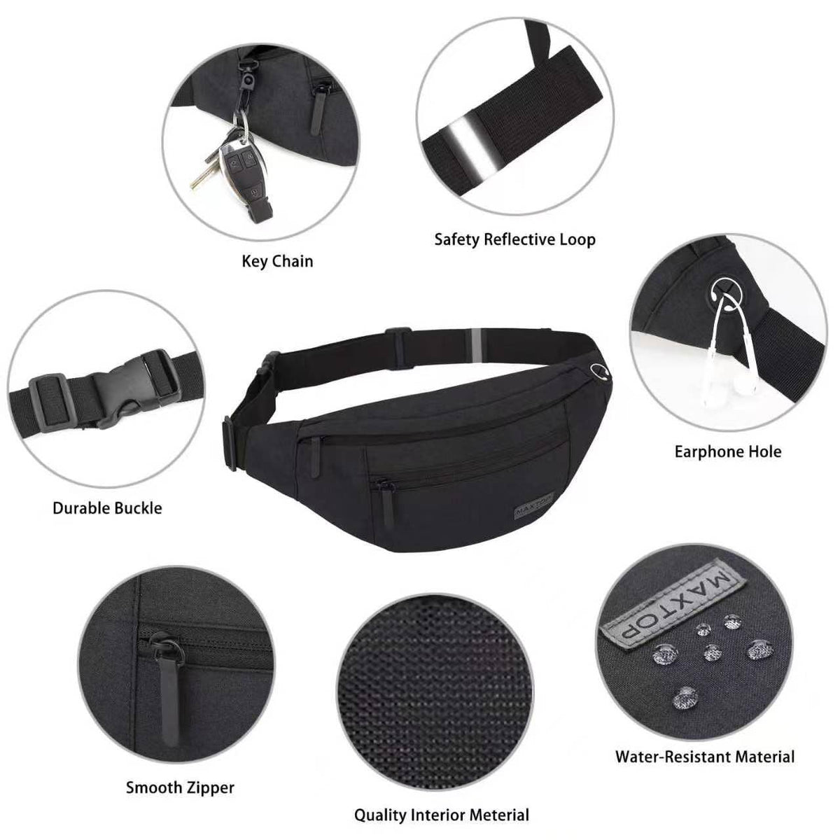 MAXTOP Large Bumbag Waist Fanny Pack Running Belt for Men Women Unisex Bum Bag with Headphone Jack and 4-Zipper Pockets Adjustable Belt for Travel Running Jogging Workout Hiking Gifts All Black