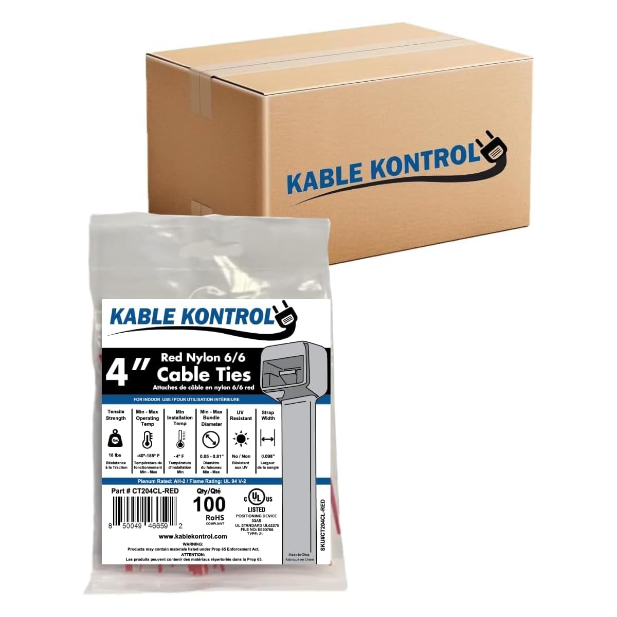 Kable Kontrol Cable Zip Ties, 4 Inch, 100 Pcs, 18lbs Test, Gray