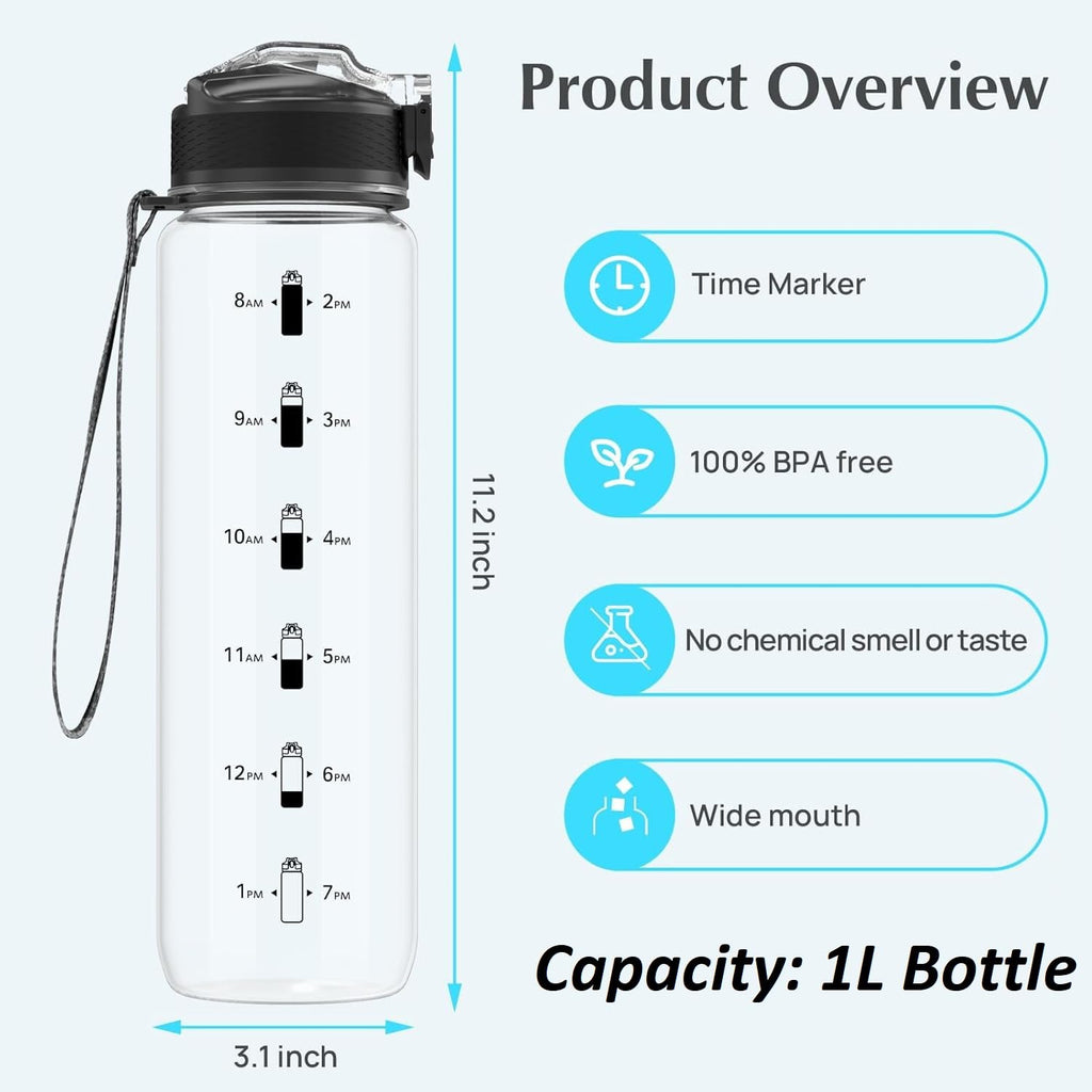 EYQ 1L Water Bottle, 1 Litre Water Bottle with Straw, 32oz Leak-Proof Motivational Sports Drinks Bottle with Time Marker, Tritan BPA-Free, Drinking Waterbottles for Gym Outdoor Sports