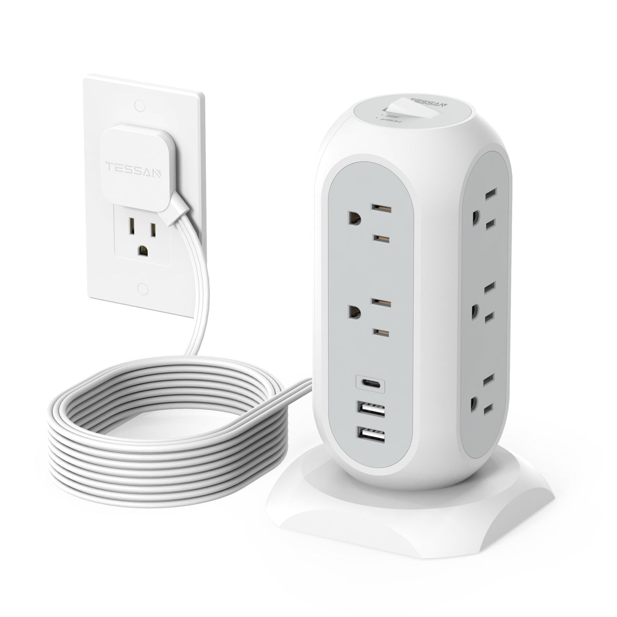 TESSAN Tower Power Strip Flat Plug with 1050J Surge Protection, 6 Ft, Black