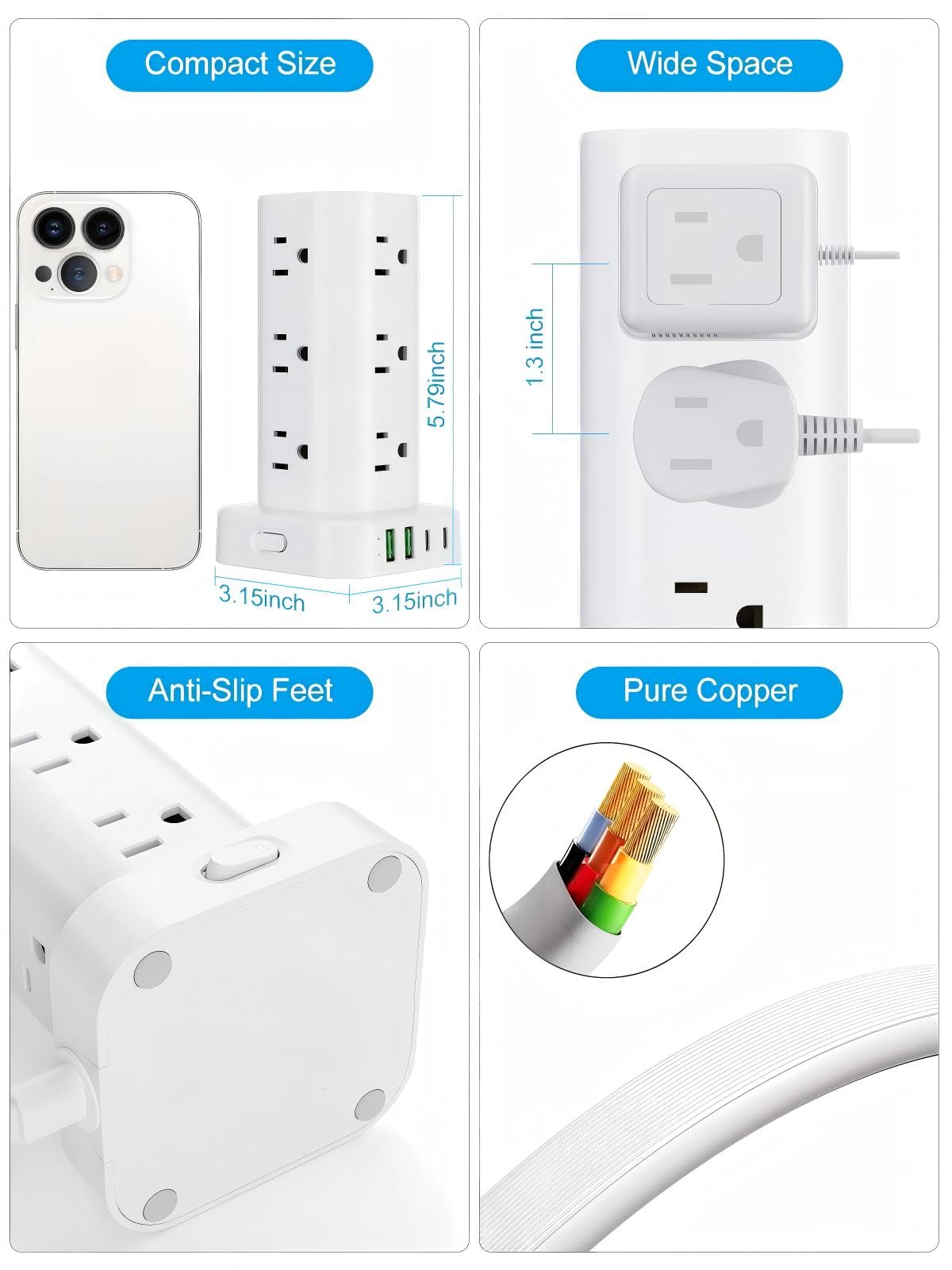 6FT Power Strip Tower with Wireless Charger,Surge Protector with 12 Outlets