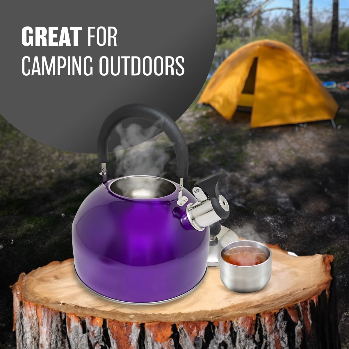 2.5L Stainless Steel Whistling Kettle - Suitable for Fishing, Camping, Hiking, Indoor & Outdoor | Camping Kettle for Gas Stove, Electric Stove, Camp Fire | Lightweight, Fast Boil, Phenolic Handle