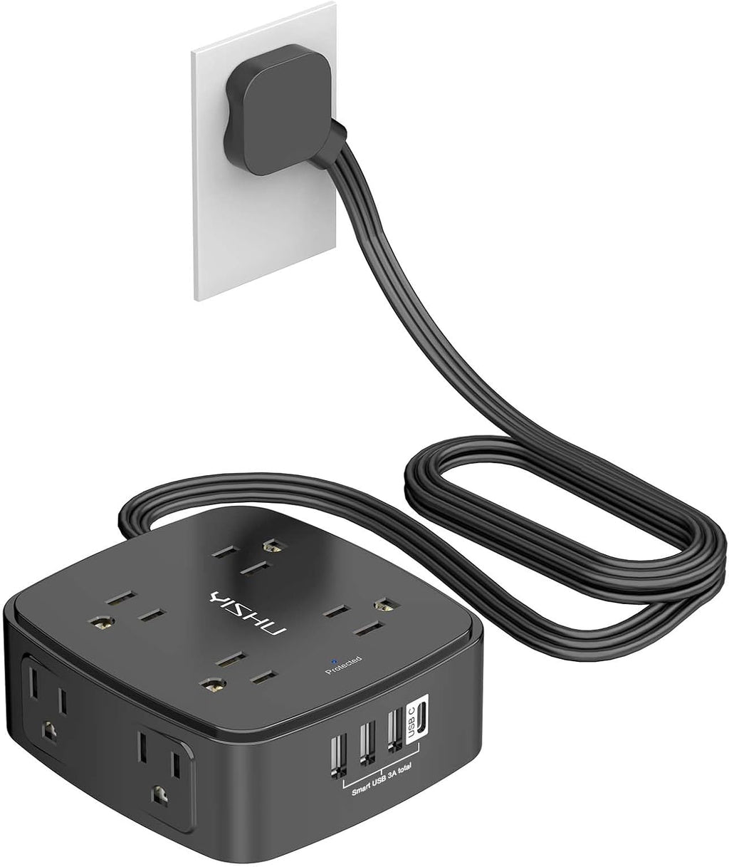 6 Ft Surge Protector Power Strip - YISHU 8 Widely Outlets with 4 USB Ports, 3 Side Outlet Extender with 6 Feet Flat Extension Cord, Ultra Flat Plug, Wall Mount, Desk USB Charging Station, ETL, Black