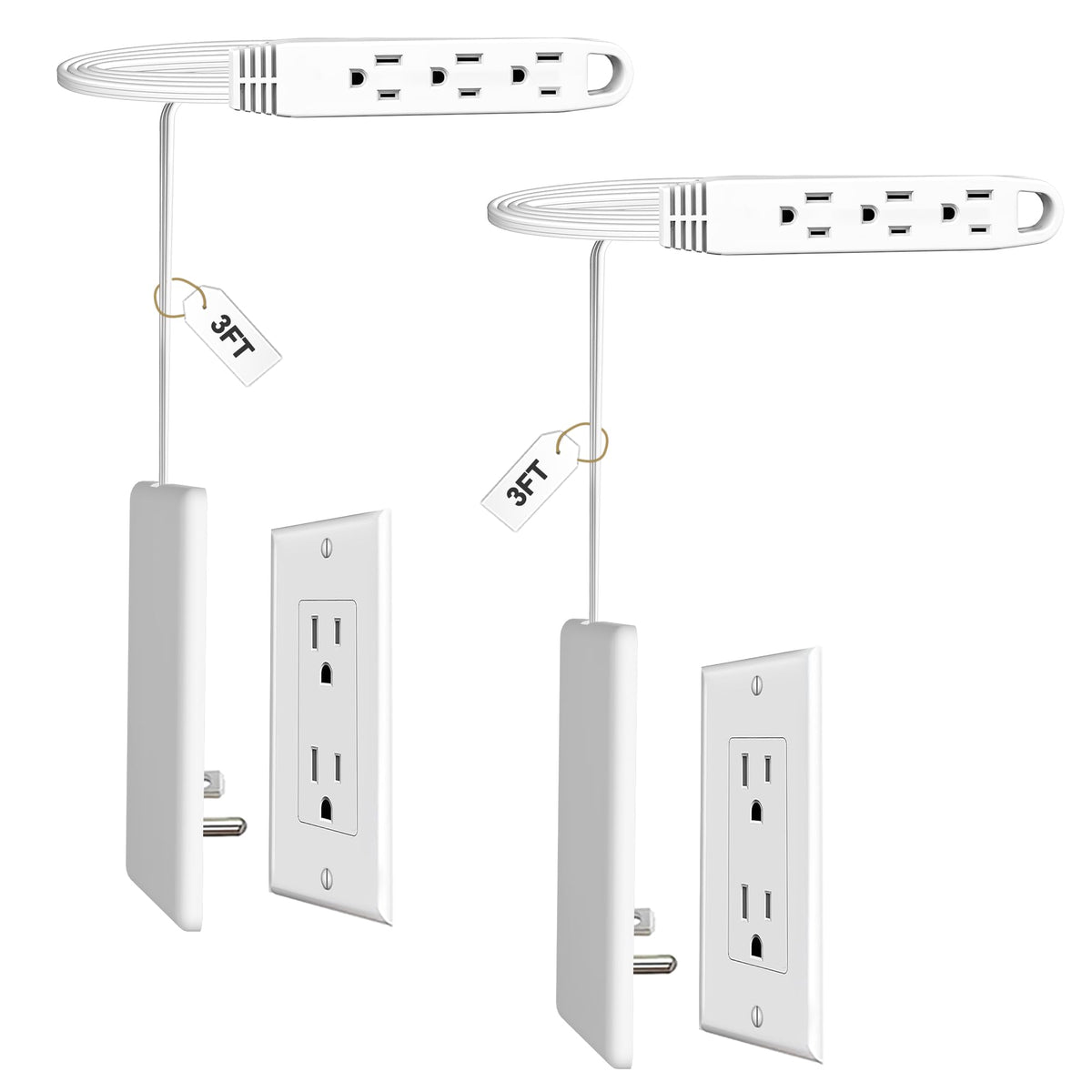 CABOCASA 3FT Flat Plug Extension Cord Power Strip 3 Outlets White Upward