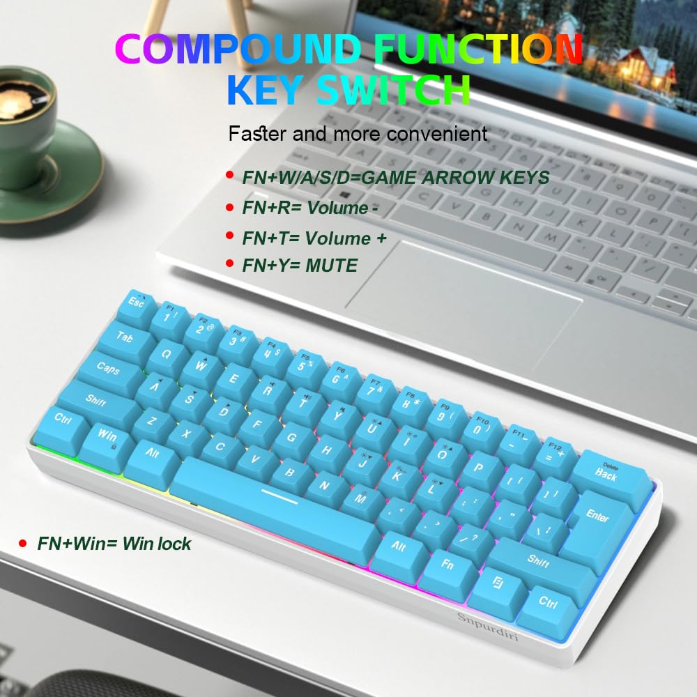 Snpurdiri 60% Wired Mechanical Gaming Keyboard, Ice Blue LED Backlit 61 Keys Mini Wired Office Keyboard for Windows Laptop PC Mac (Black-White, Red Switches)
