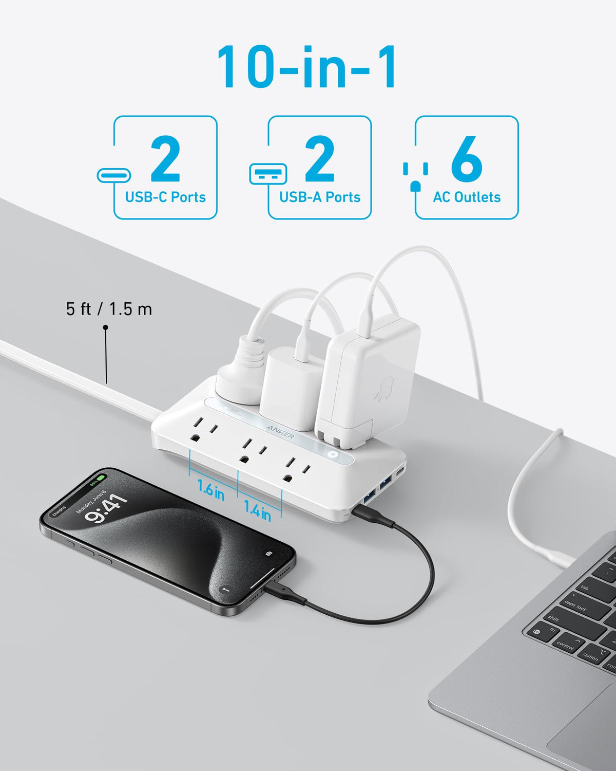 Anker Power Strip with 300J Surge Protector, 5ft Outlet Extender, 20W, 6AC