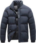 Men Winter Warm Down Jacket Long Sleeve Quilted Coats Casual Puffer Jackets Mens Outdoor Ski Hiking Windproof Stand Collar Full Zip Outwear Solid Color Thermal Coat