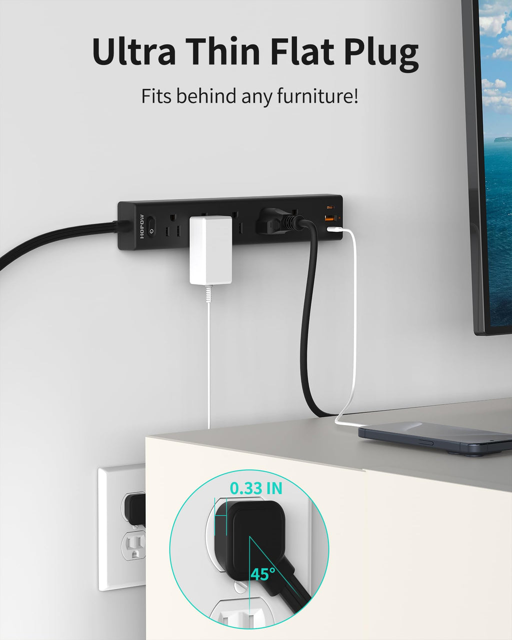 6FT Surge Protector Power Strip, 1700J, 5AC&1A2C, Flat Plug Extension Cord