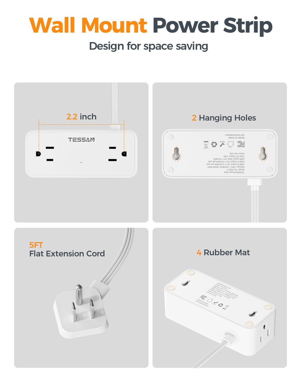 TESSAN Extension Cord 10 FT, Power Strip with 900J Surge Protection, Grey