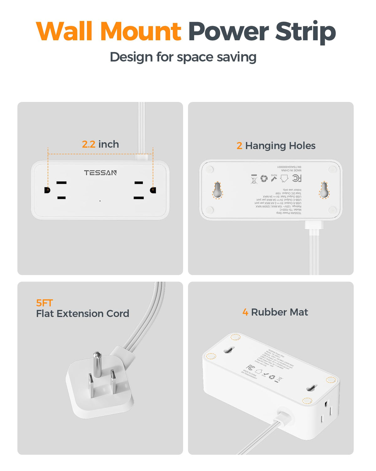 TESSAN Extension Cord 10 FT, Power Strip with 900J Surge Protection, Grey