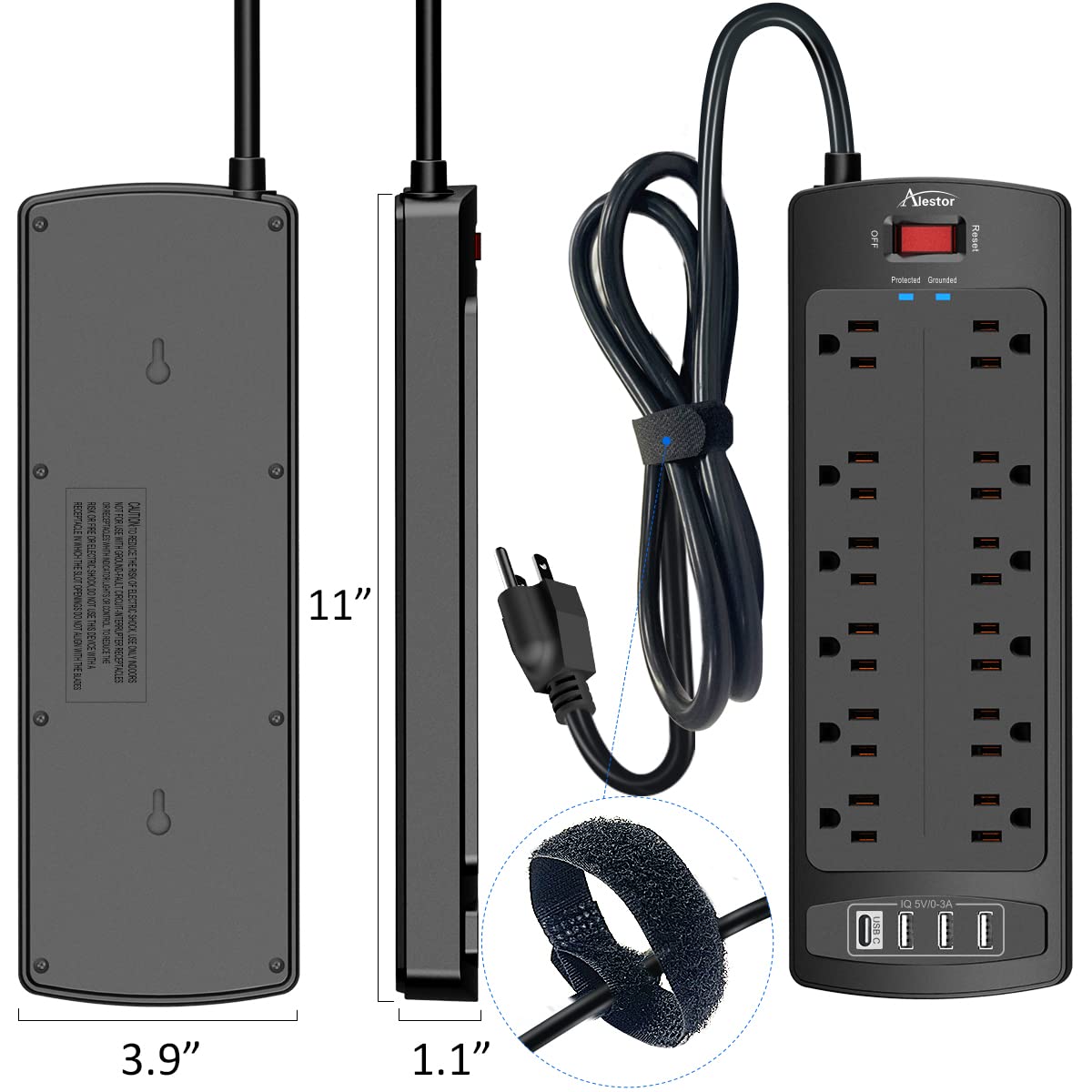 ALESTOR 6 Ft Surge Protector Power Strip with 12 Outlets and 4 USB Ports