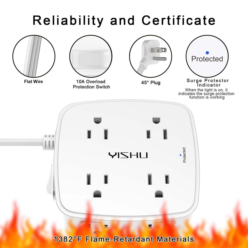 6 Ft Surge Protector Power Strip - YISHU 8 Widely Outlets with 4 USB Ports, 3 Side Outlet Extender with 6 Feet Flat Extension Cord, Ultra Flat Plug, Wall Mount, Desk USB Charging Station, ETL, Black