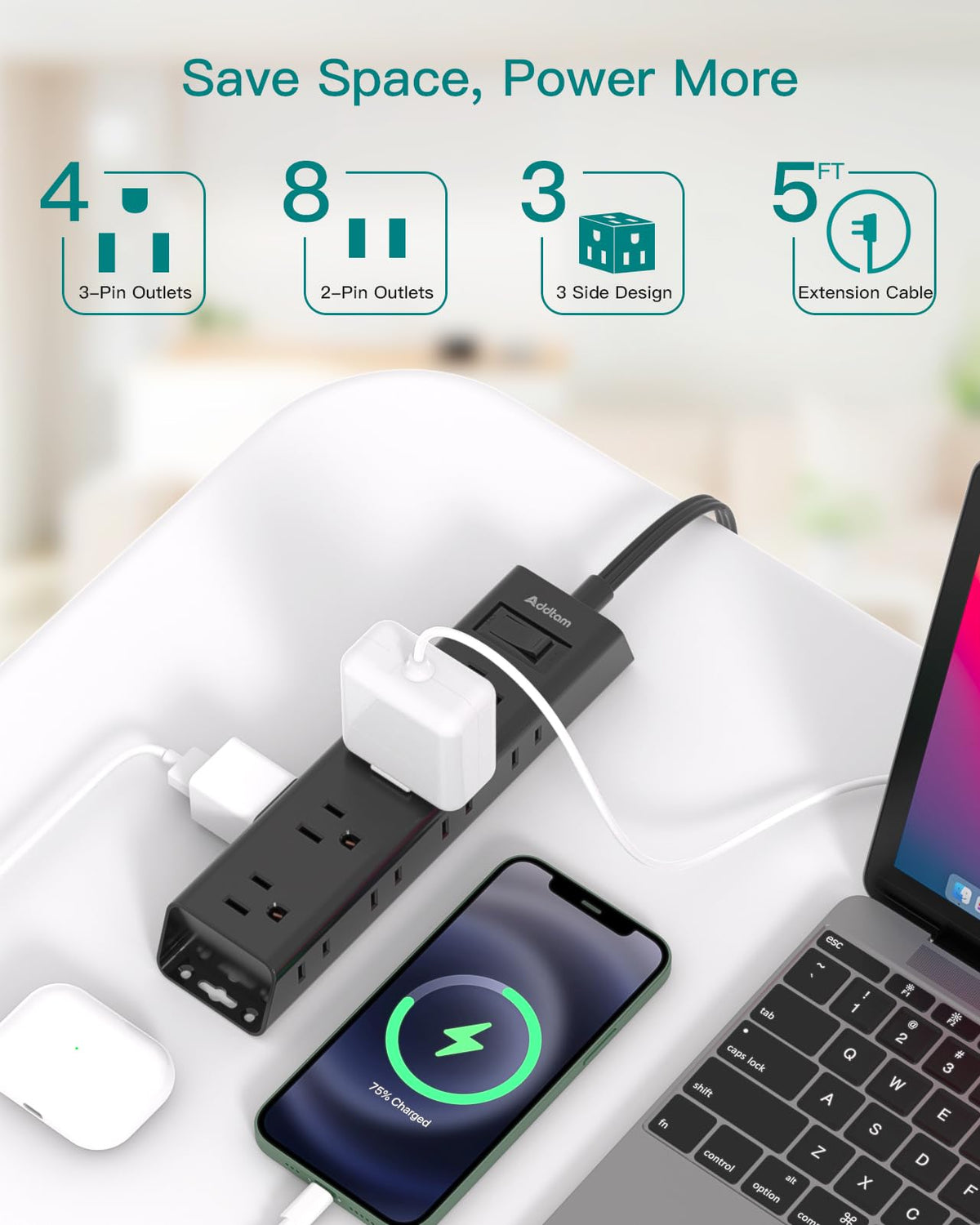 Flat Plug Power Strip, Ultra Thin Flat Extension Cord - 12 Outlets 3 Sides