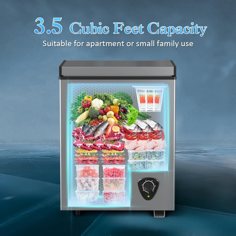 LifePlus Chest Freezer - 3.5 Cubic Feet Compact Deep Freezer Small Freezer 7 Adjustable Temperature with Removable Basket, Energy Saving Super Quiet for Garage, Office, Kitchen, or Apartment, Gray