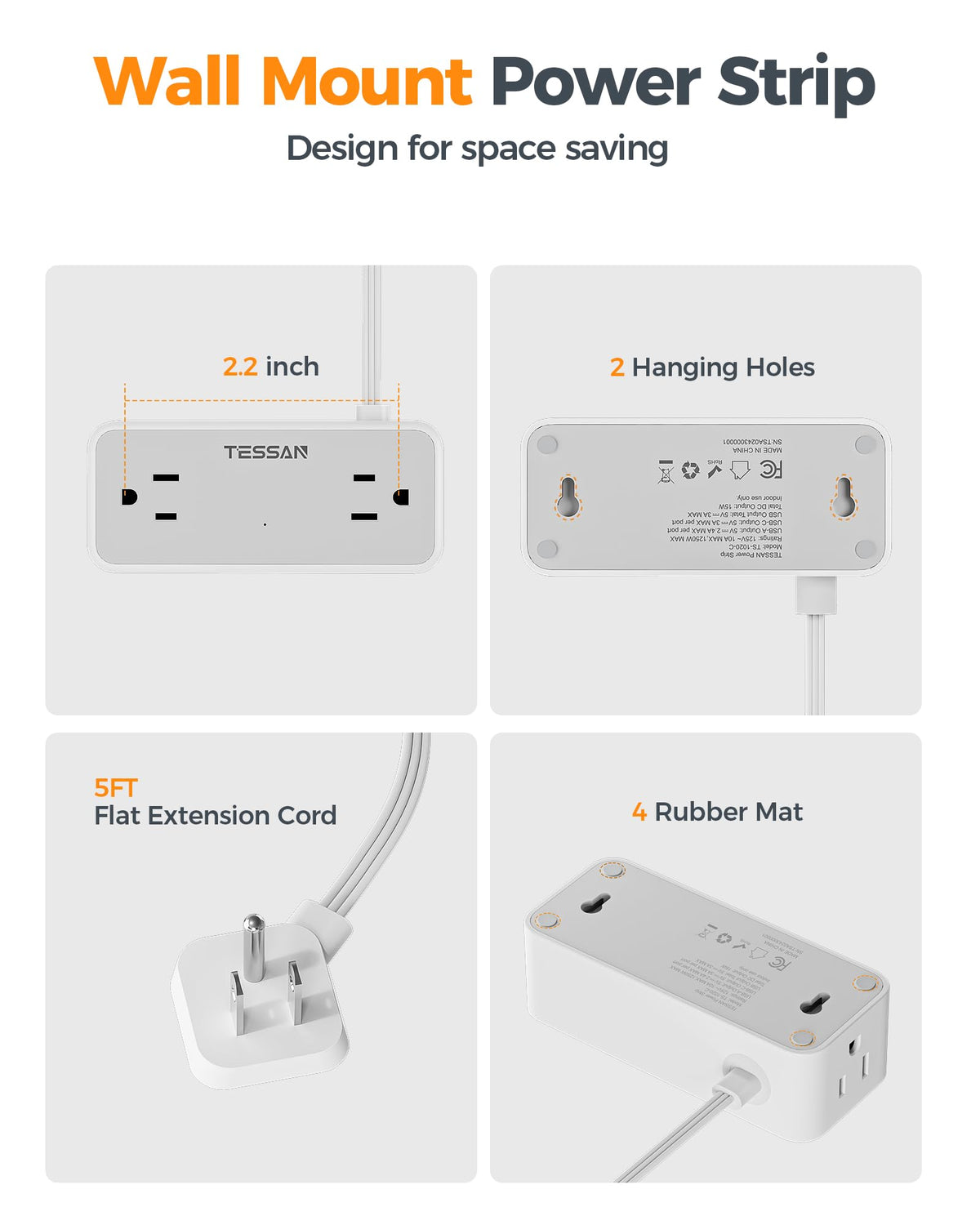 TESSAN Extension Cord 10 FT, Power Strip with 900J Surge Protection, Grey