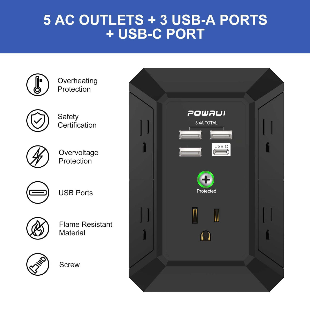 Multi Plug Wall Outlet Night Light, POWRUI 6 Outlet Extender & 3 USB Ports