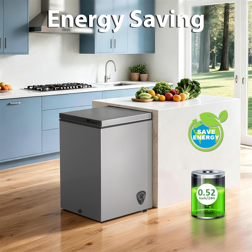 LifePlus Chest Freezer - 3.5 Cubic Feet Compact Deep Freezer Small Freezer 7 Adjustable Temperature with Removable Basket, Energy Saving Super Quiet for Garage, Office, Kitchen, or Apartment, Gray