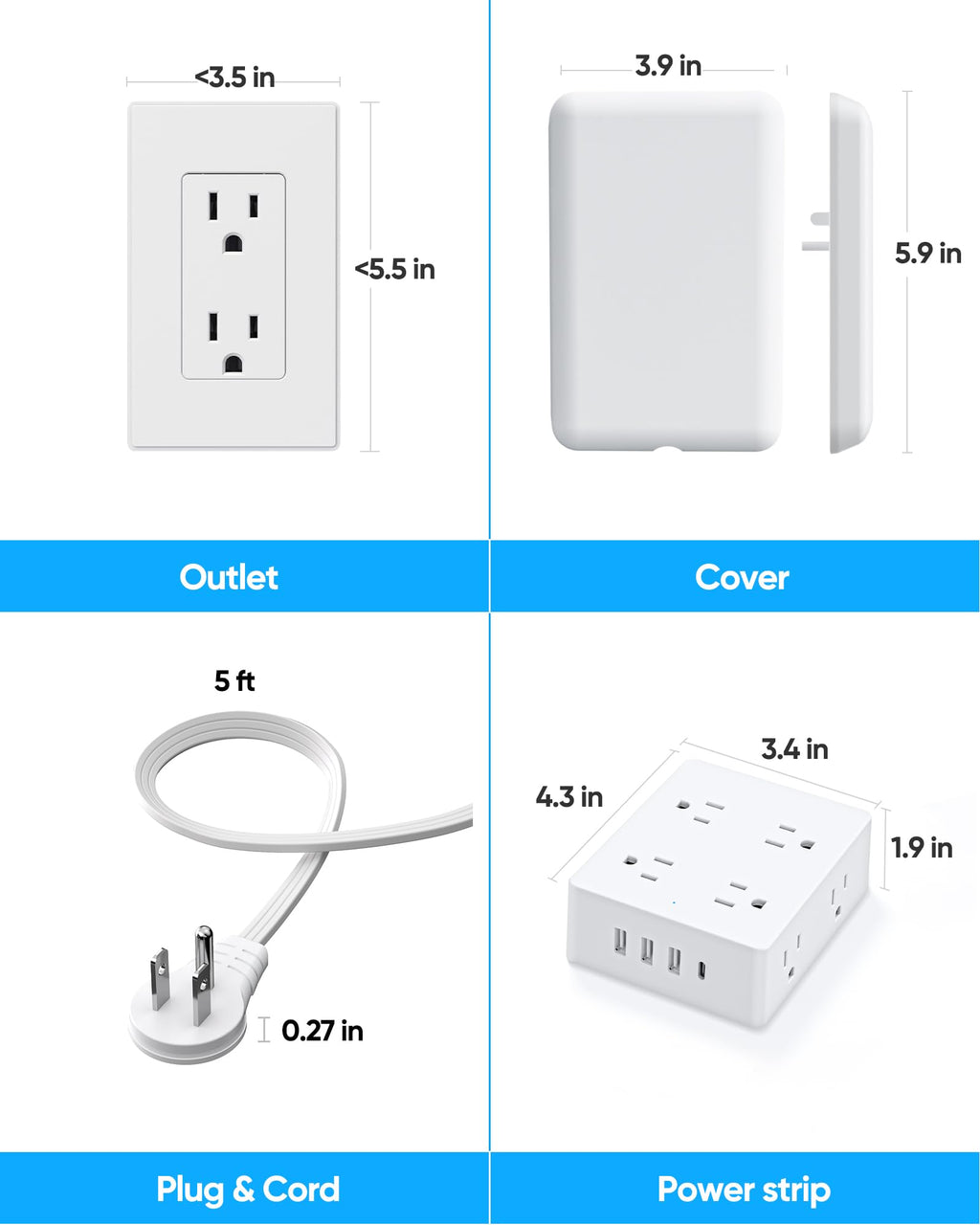 Olcorife Flat Extension Cord with Outlet Cover, Flat Plug Power Strip with 6 Outlets and 3 USB Ports, 8 FT Cord Hidden Outlet Extender for Tight Spaces
