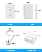 Olcorife Flat Extension Cord with Outlet Cover, Flat Plug Power Strip with 6 Outlets and 3 USB Ports, 8 FT Cord Hidden Outlet Extender for Tight Spaces
