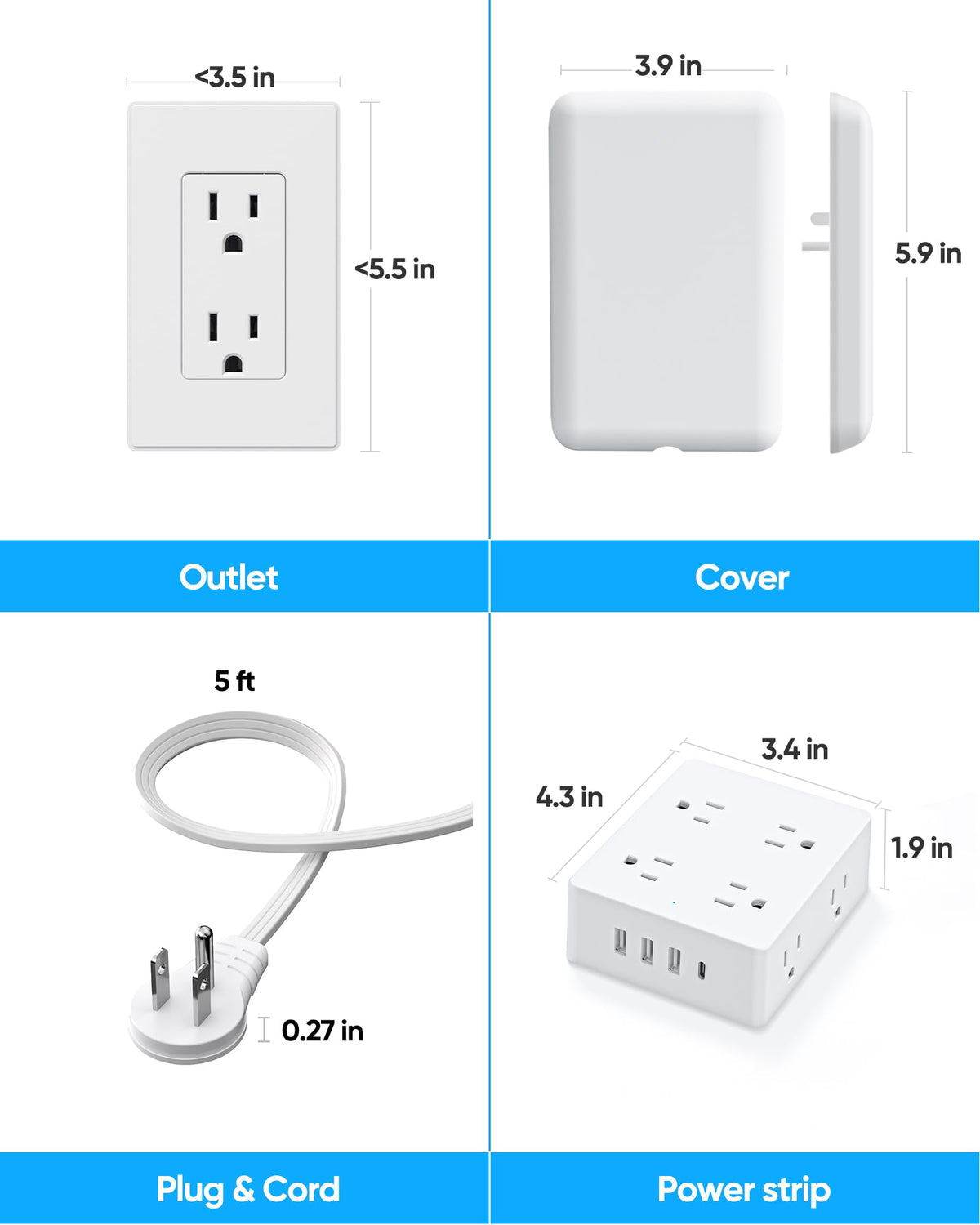 Olcorife Flat Extension Cord with Outlet Cover, Flat Plug Power Strip with 6 Outlets and 3 USB Ports, 8 FT Cord Hidden Outlet Extender for Tight Spaces