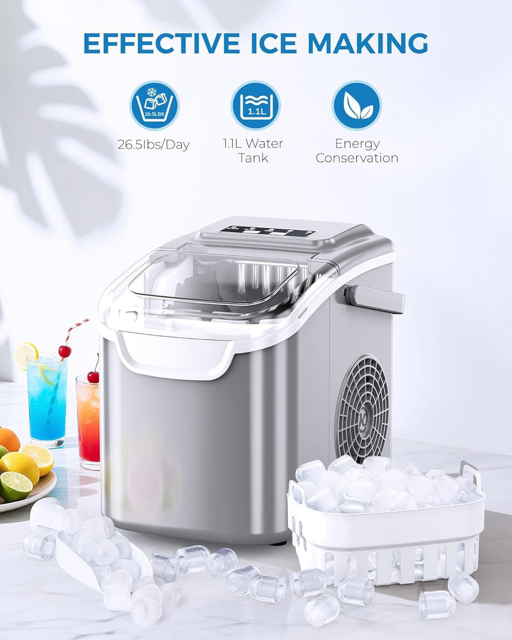 Electactic Portable Ice Maker Countertop,8 Bullet Ice in 6 Mins,2 Ice Size