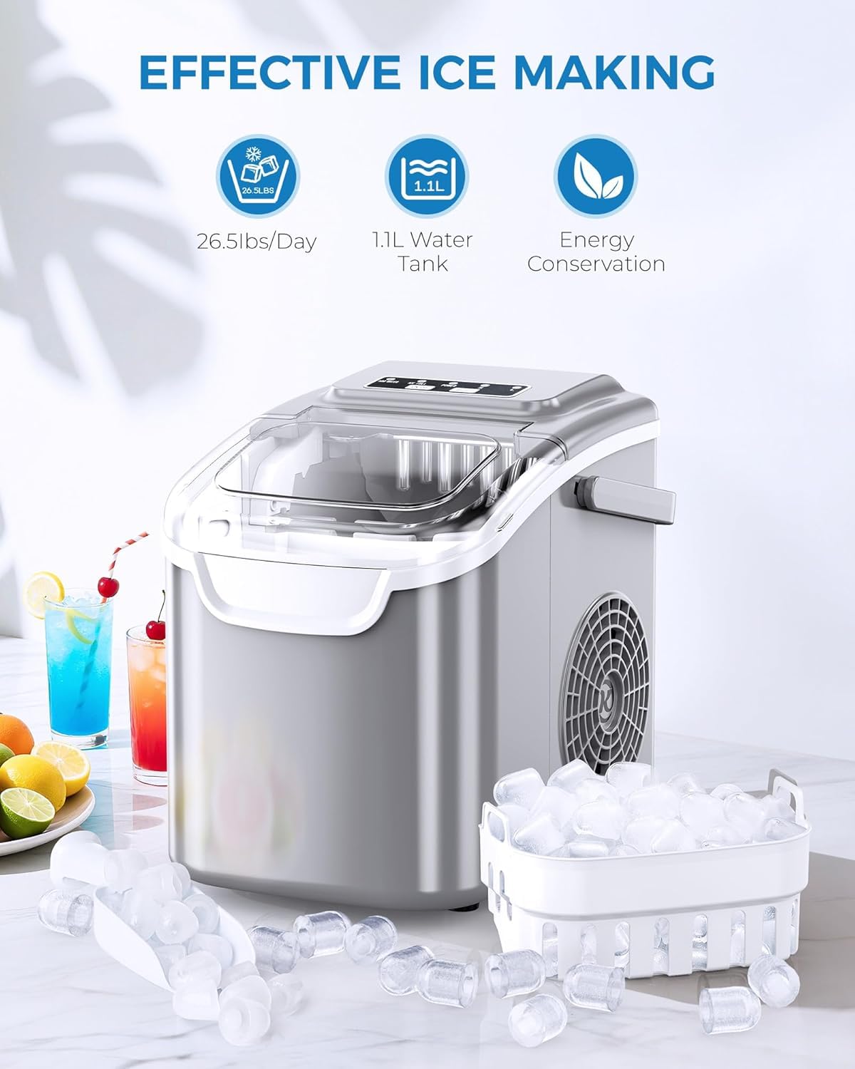 Electactic Portable Ice Maker Countertop,8 Bullet Ice in 6 Mins,2 Ice Size
