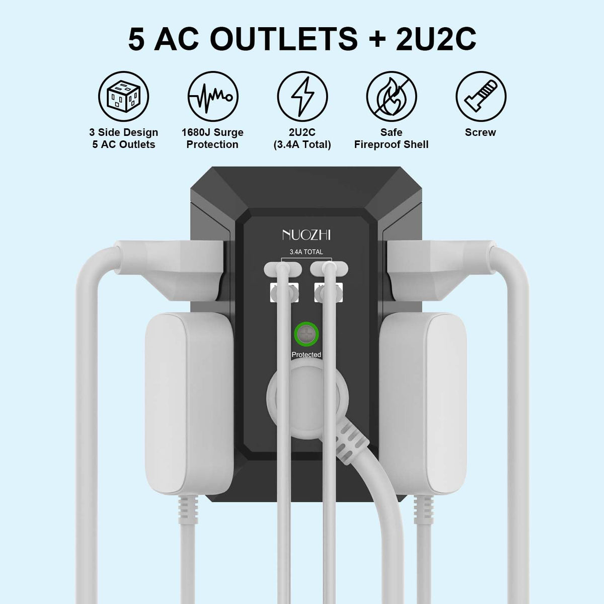 Multi Plug Outlet Surge Protector, NUOZHI 5 Outlets and 4 USB Ports(2 USB-C) and Night Light, 3-Sided Power Strip with Adapter Spaced Outlets for Home, Office, Travel, ETL Listed, White