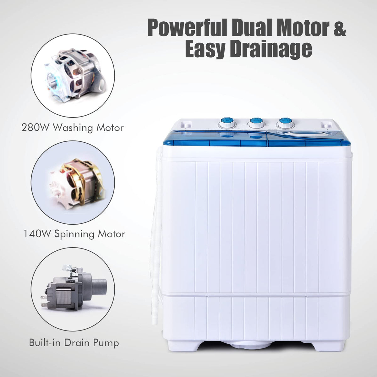 COSTWAY Portable Washing Machine, Twin Tub 26lbs Capacity Laundry, 18lbs Washer and 8lbs Spinner Combo with Timer Knobs, Built-in Drain Pump, Compact Washer for Home Dorm Apartment (Grey+White)