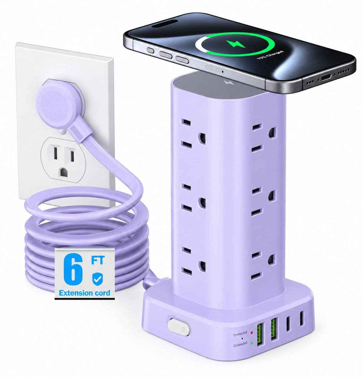 6FT Power Strip Tower with Wireless Charger,Surge Protector with 12 Outlets