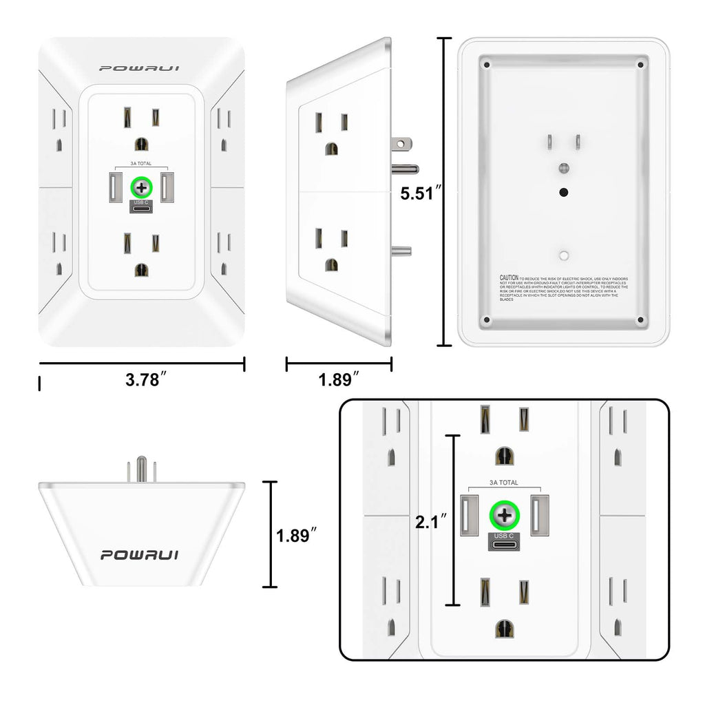 Multi Plug Wall Outlet Night Light, POWRUI 6 Outlet Extender & 3 USB Ports
