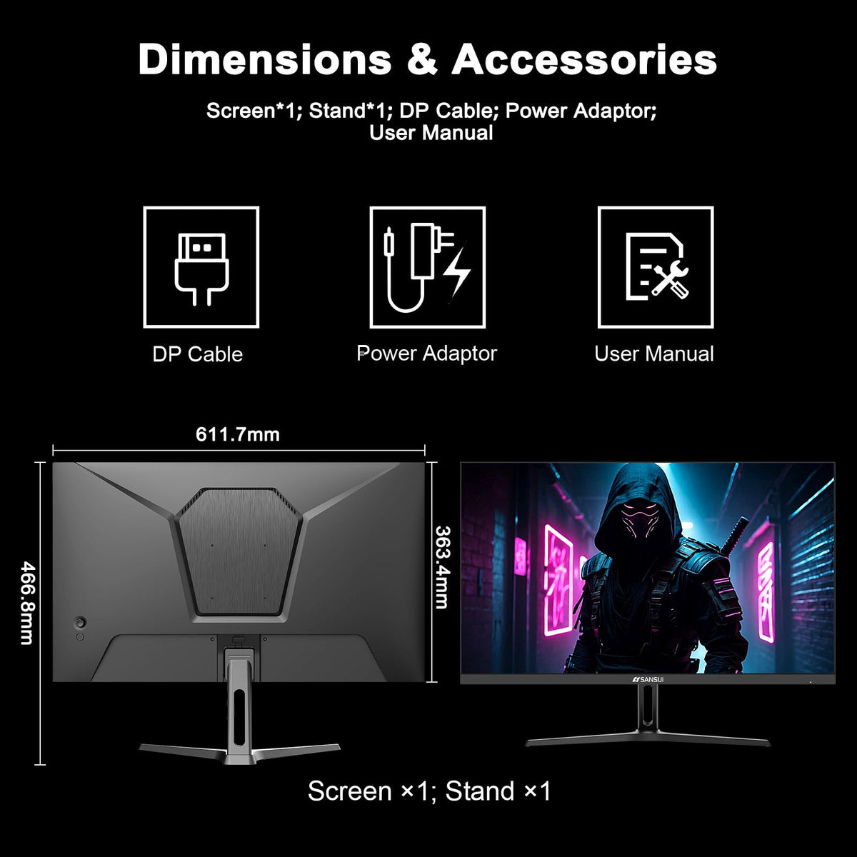 SANSUI 24 Inch Gaming Monitor 200Hz 1Ms FreeSync HDR 110% sRGB FHD 1080P Computer Monitor HDMI DP Ports Eye Care Frameless VESA Mount Cable Management(ES-G24F4L HDMI Cable Included)