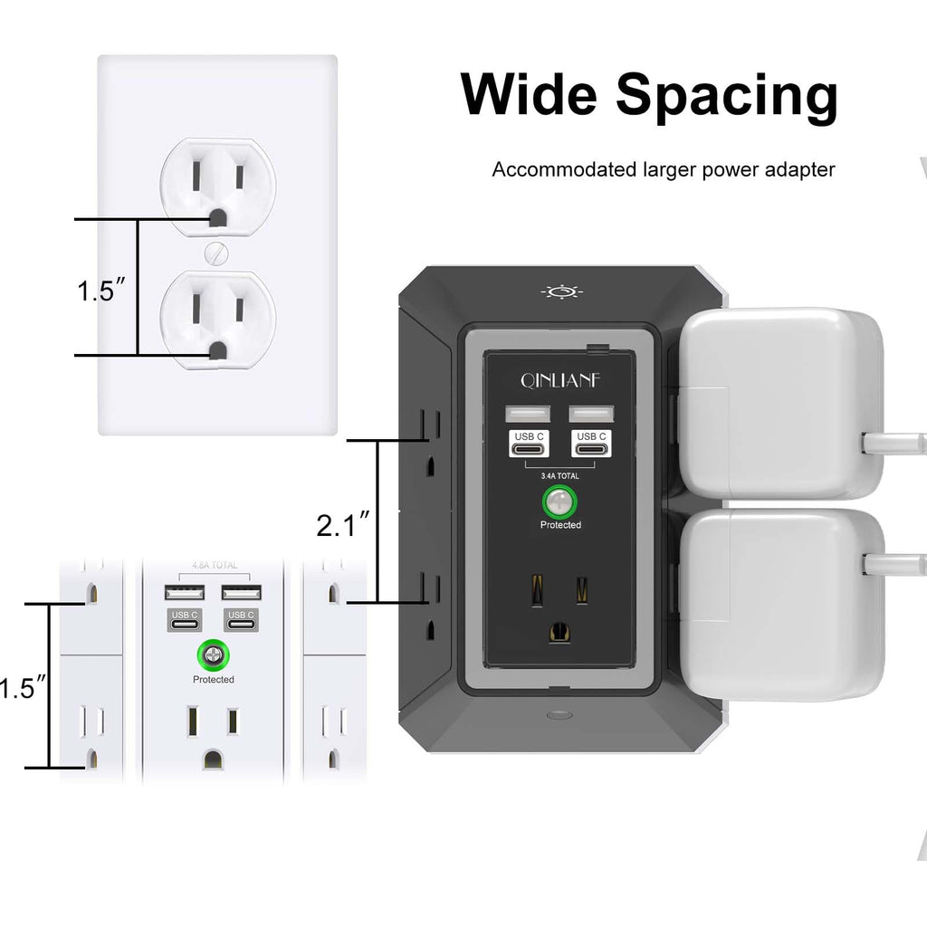 Surge Protector, QINLIANF 5 Outlet Extender with 4 USB Ports(2USB-C)