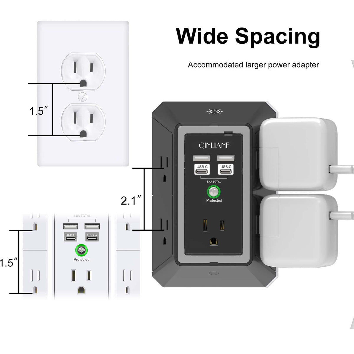 Surge Protector, QINLIANF 5 Outlet Extender with 4 USB Ports(2USB-C)
