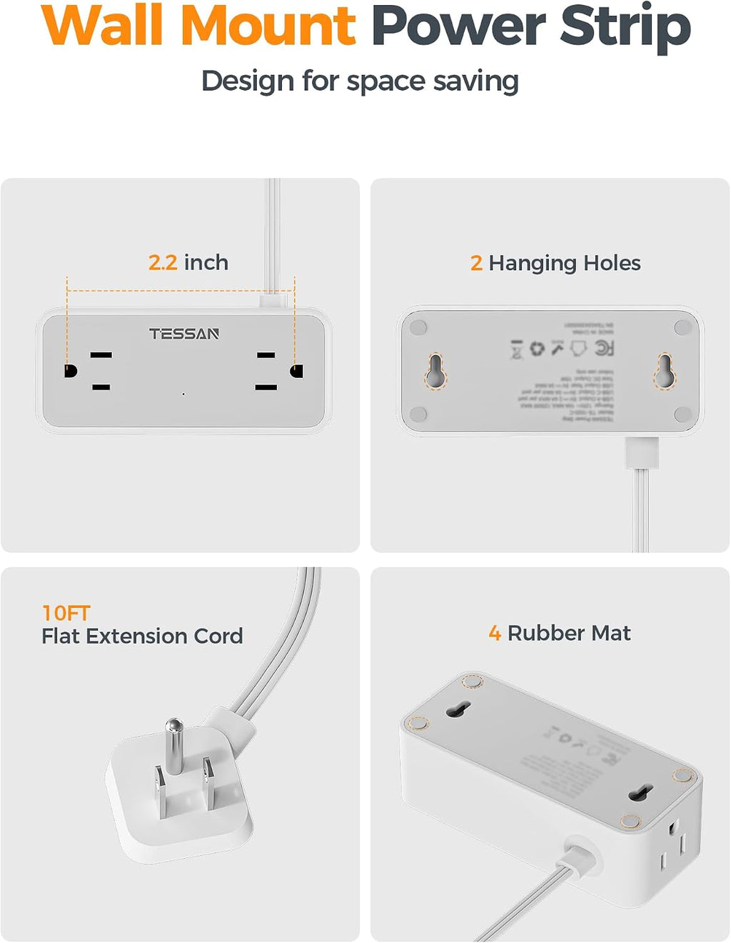 TESSAN Extension Cord 10 FT, Power Strip with 900J Surge Protection, Grey