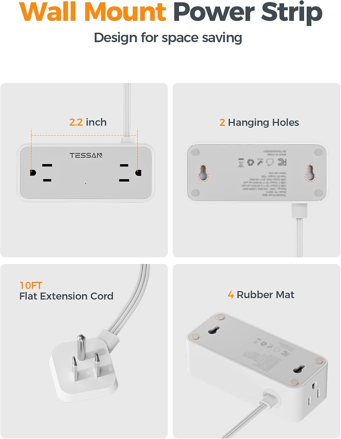 TESSAN Extension Cord 10 FT, Power Strip with 900J Surge Protection, Grey
