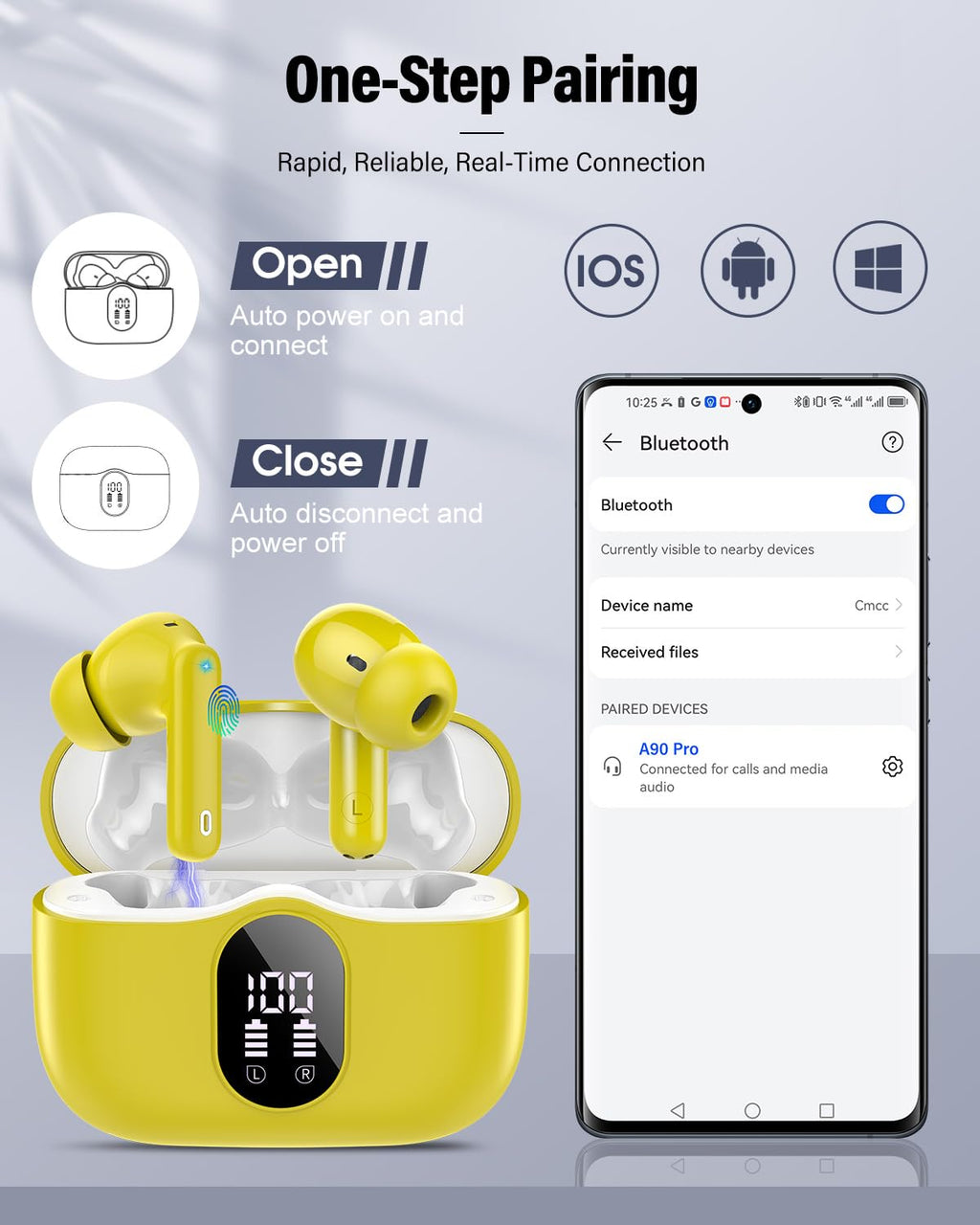 Wireless Earbuds, Bluetooth 5.4 Headphones Bass Stereo/Clear Calls, White