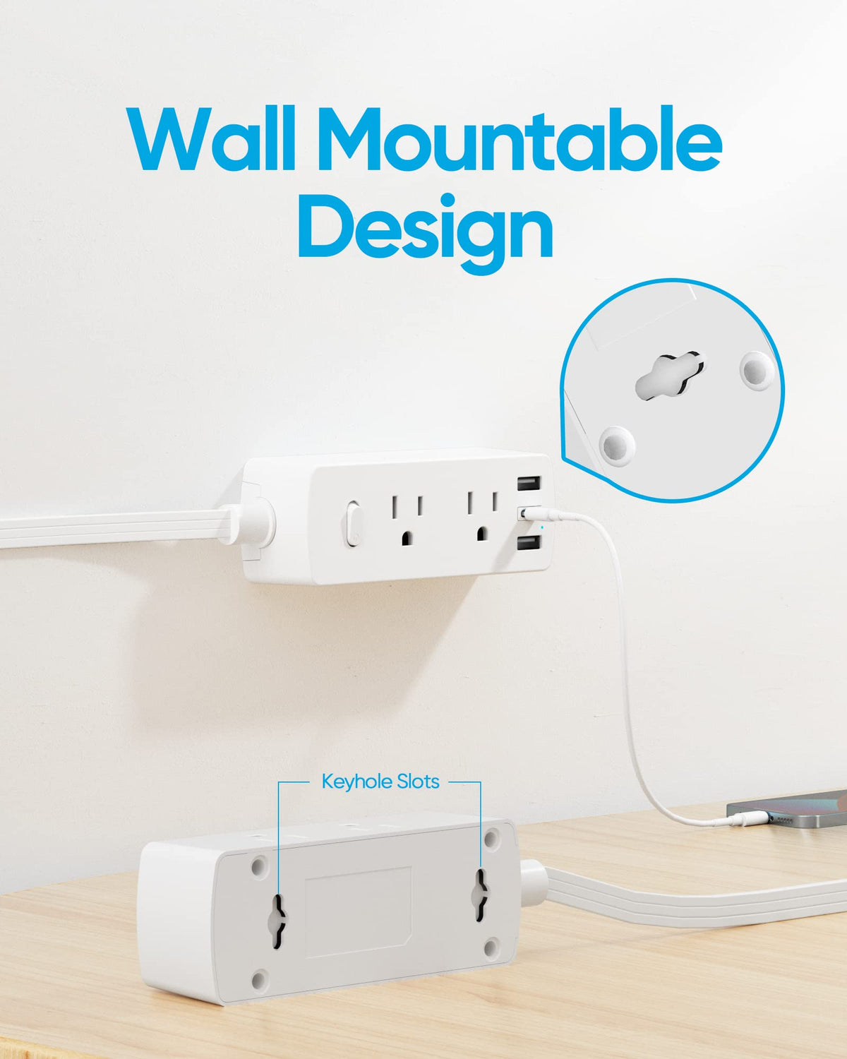 Olcorife Flat Plug Power Strip with 15 FT Extension Cord, 6 Outlets 3 USB Ports(1 USB C), 3 Sided Outlet Extender for Home Office Travel Dorm Room Essentials, White