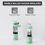 Exllena Insulated Black Water Bottles 750ml with Clip, Double Wall Vacuum Drinks Bottle Keeps Drinks Cold 24 Hrs/Hot 12 Hrs, Stainless Steel Water Bottle BPA Free