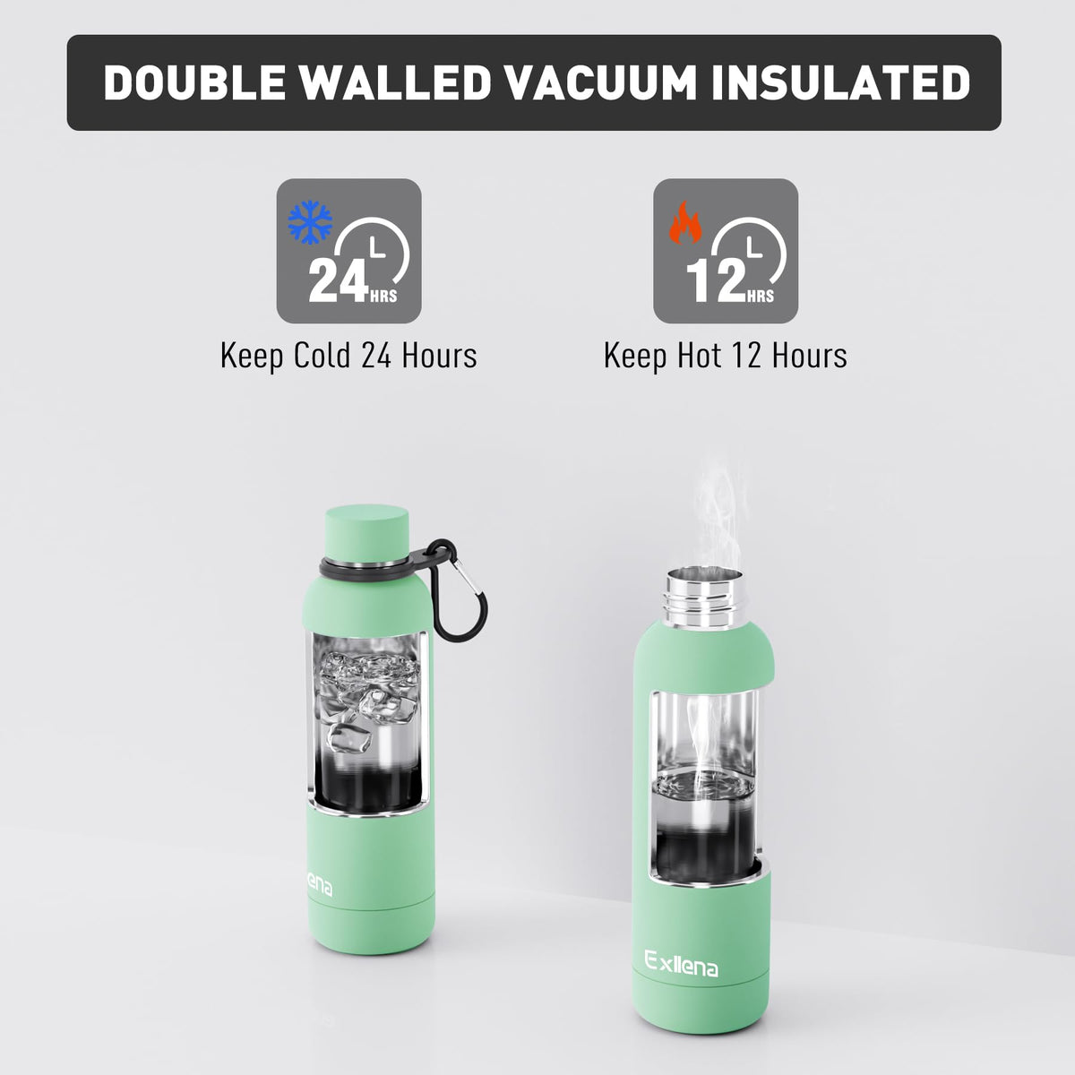 Exllena Insulated Black Water Bottles 750ml with Clip, Double Wall Vacuum Drinks Bottle Keeps Drinks Cold 24 Hrs/Hot 12 Hrs, Stainless Steel Water Bottle BPA Free