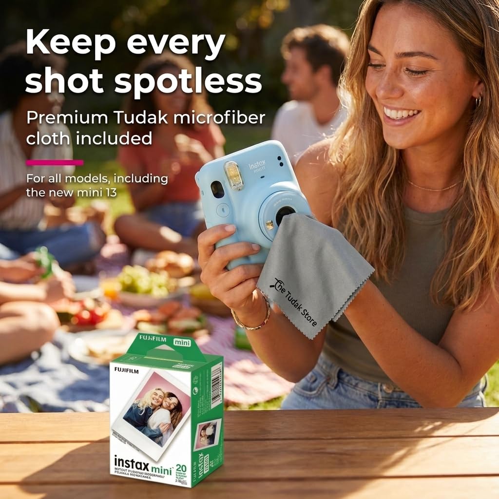 Fujifilm Instax Mini Instant Film, 20 Sheets – White Daylight ISO 800 for Instax Mini 13, 12, 11, 41 Cameras –Bundeld with The Tudak Store Microfiber Cleaning Cloth