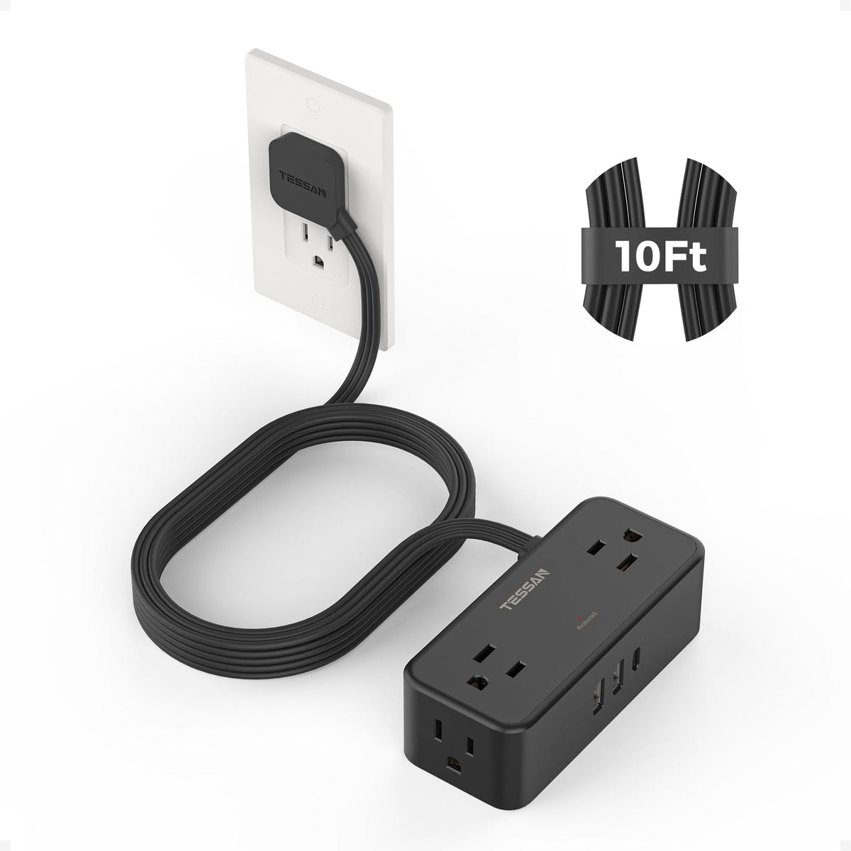 TESSAN Extension Cord 10 FT, Power Strip with 900J Surge Protection, Grey