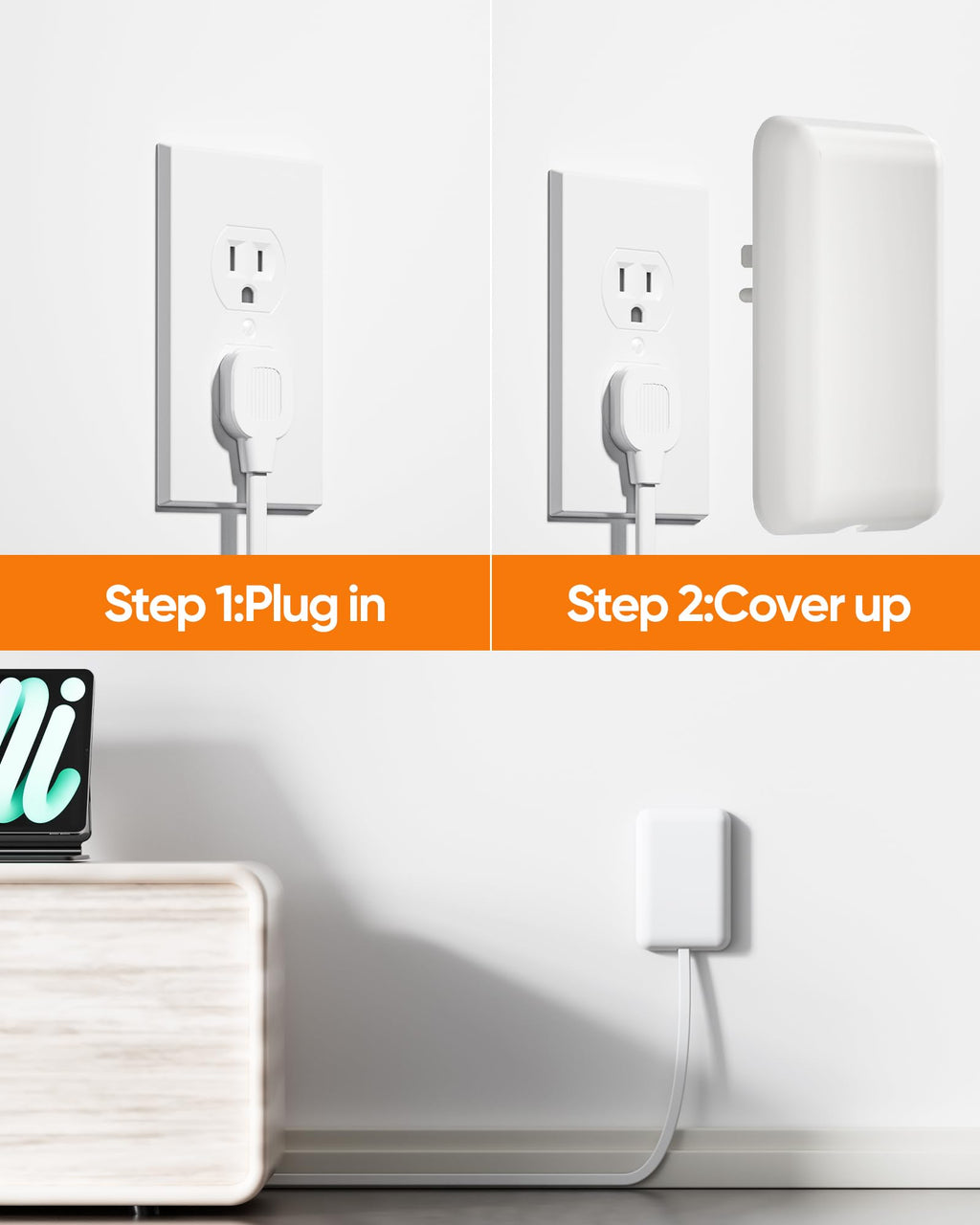 Olcorife Flat Extension Cord with Outlet Cover, Flat Plug Power Strip with 6 Outlets and 3 USB Ports, 8 FT Cord Hidden Outlet Extender for Tight Spaces