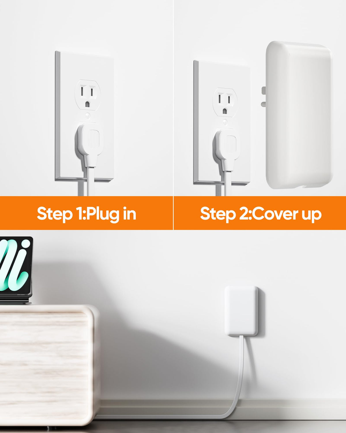 Olcorife Flat Extension Cord with Outlet Cover, Flat Plug Power Strip with 6 Outlets and 3 USB Ports, 8 FT Cord Hidden Outlet Extender for Tight Spaces
