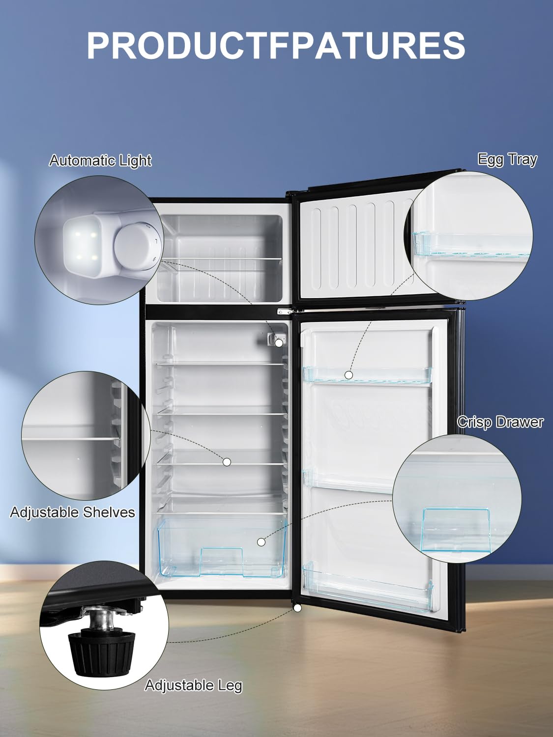 3.2 Cu.Ft Mini Fridge with Freezer, 7-Level Cooling Small Refrigerator